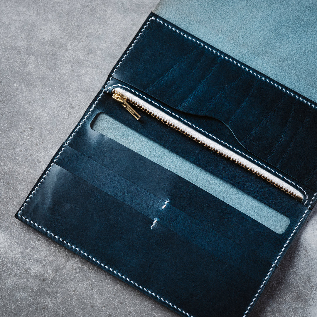 Emre Telli, Arc Wallet, Zipper, Vacchetta Leather, Oceano, 20cm x 11cm