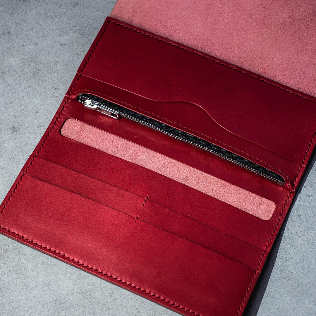 Emre Telli, Arc Wallet, Zipper, Vacchetta Leder, Rot, 20cm x 11cm