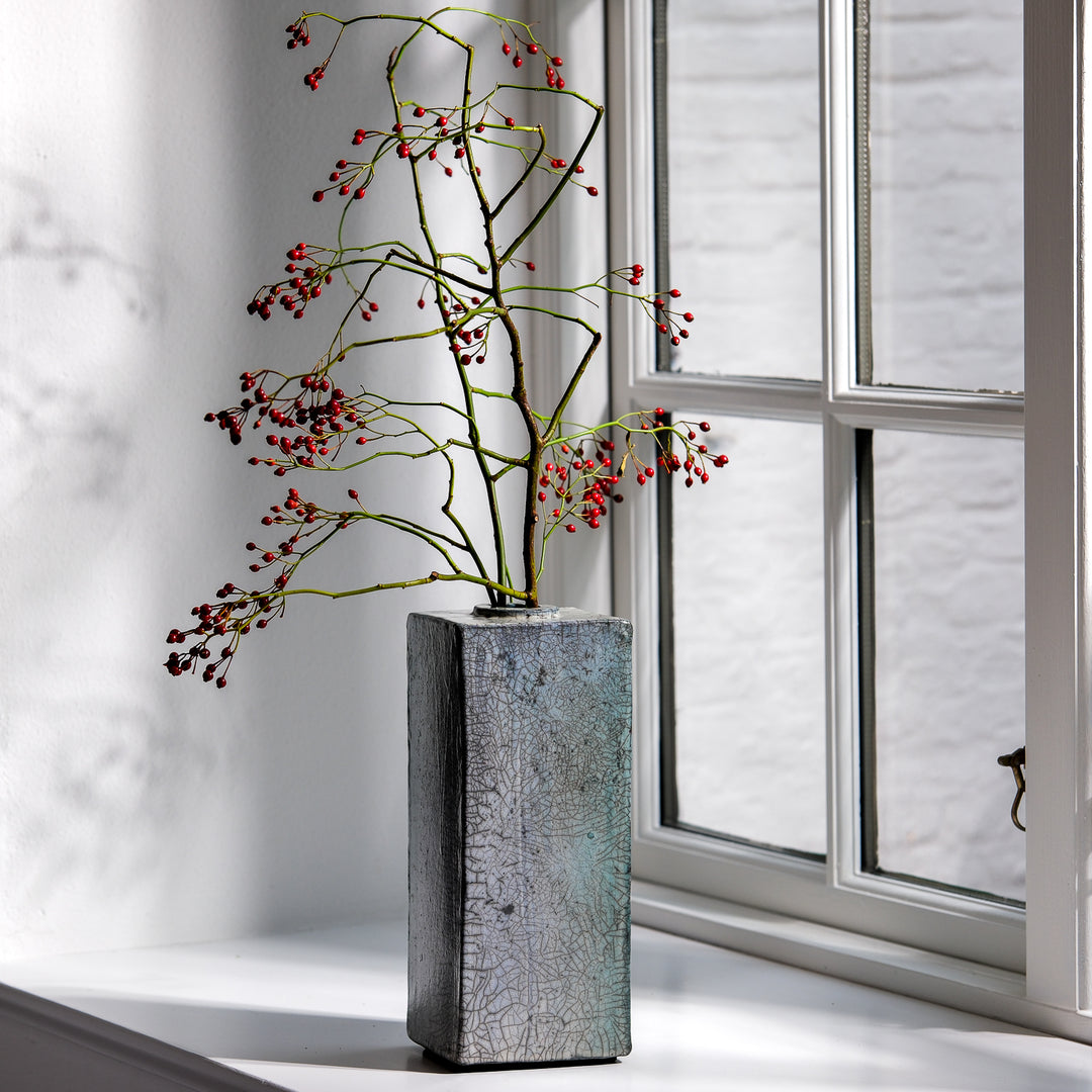 Gundula Sommerer, Raku Vase, eckig hoch | graublau (GS184)