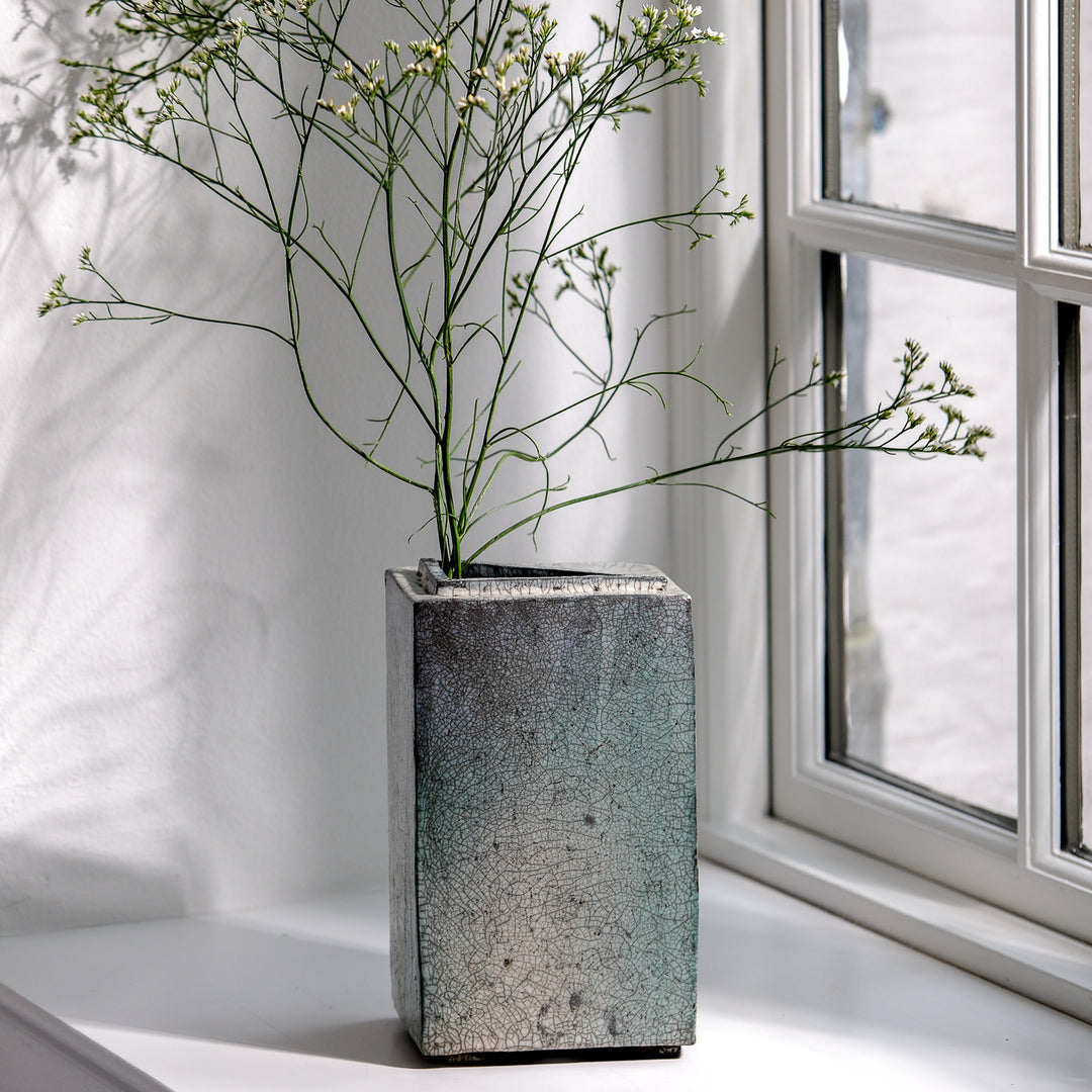 Gundula Sommerer, Raku Vase, eckig hoch | blaugrün (GS185)