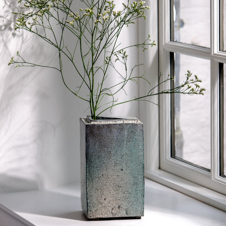 Gundula Sommerer, Raku Vase, eckig hoch | blaugrün (GS185)