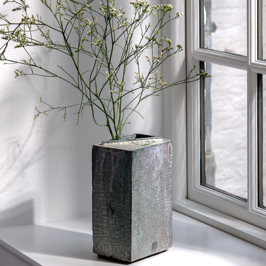 Gundula Sommerer, Raku Vase, eckig hoch | blaugrün (GS185)