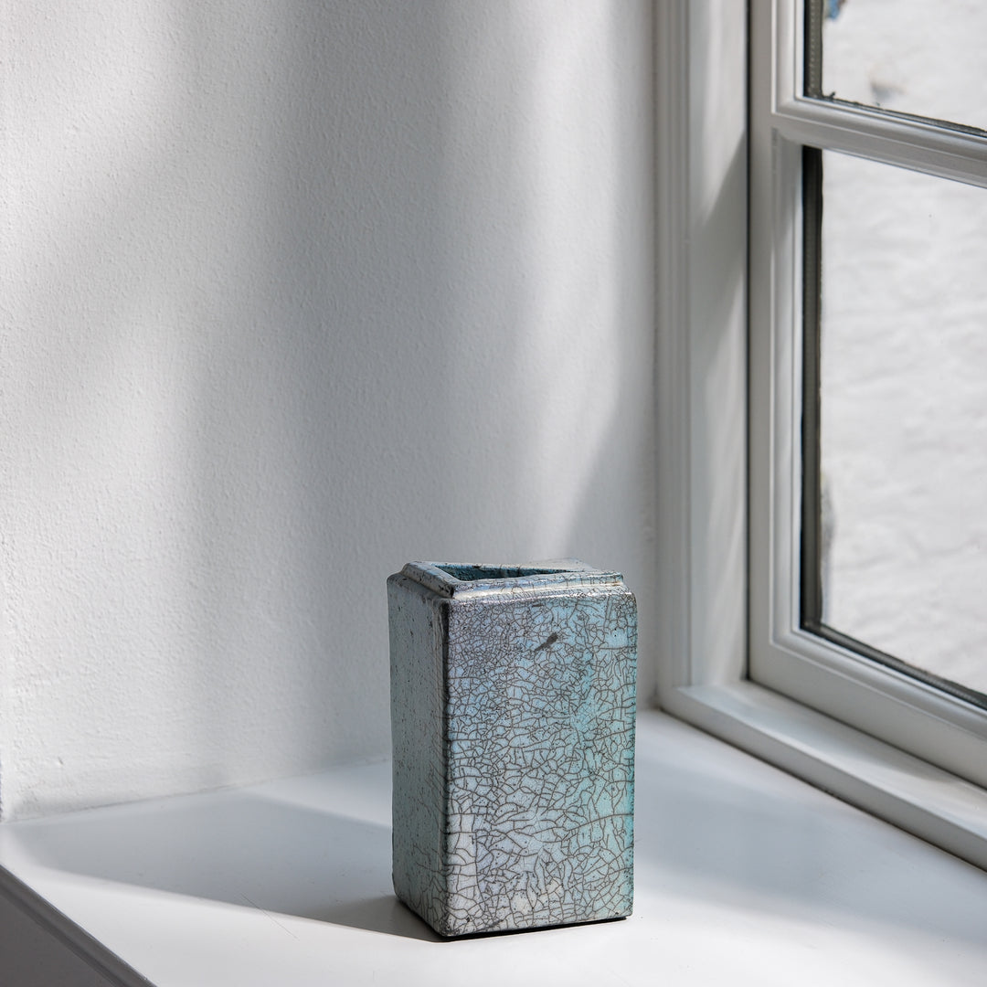 Gundula Sommerer, Raku Vase, eckig | blaugrün (GS186)