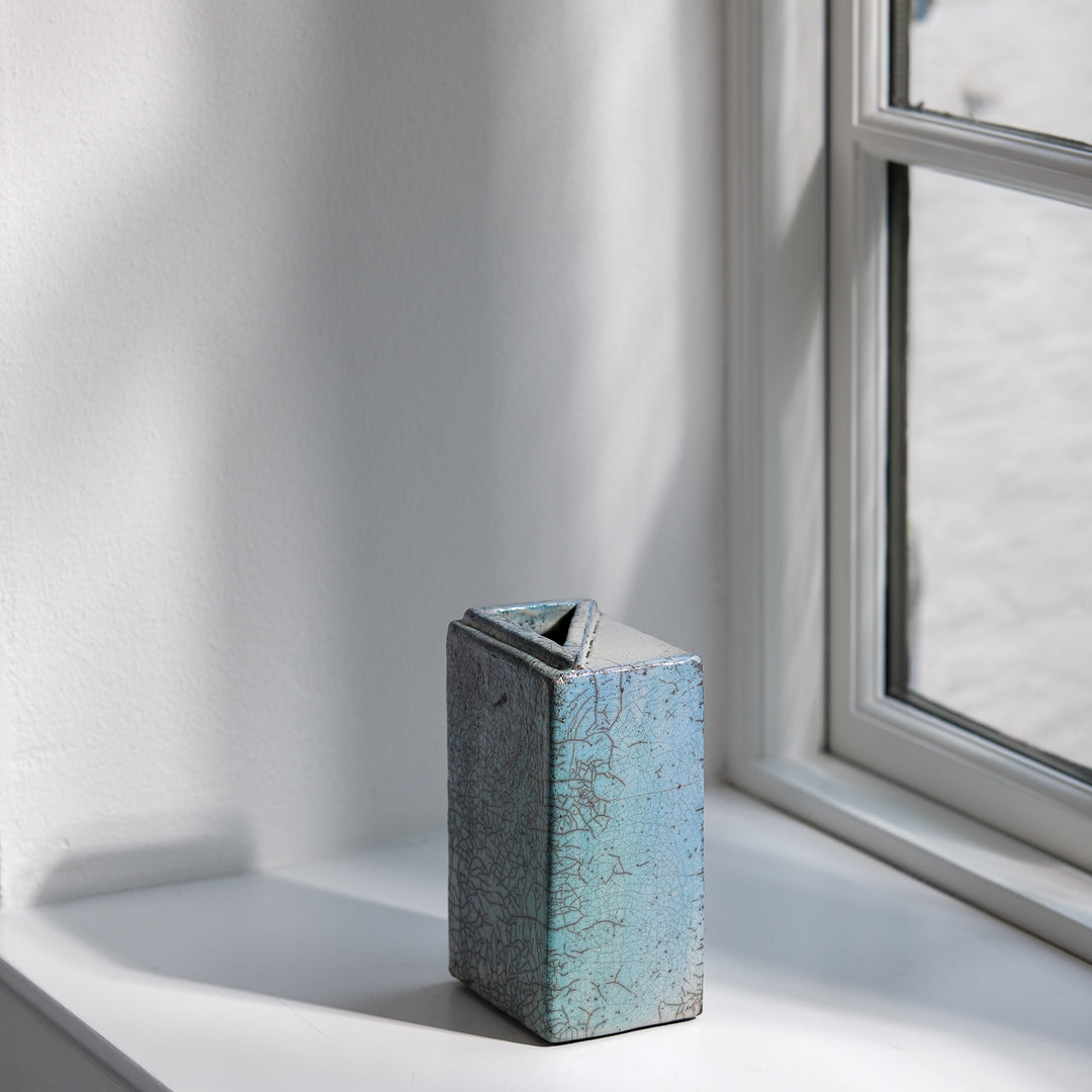 Gundula Sommerer, Raku Vase, eckig | blaugrün (GS186)