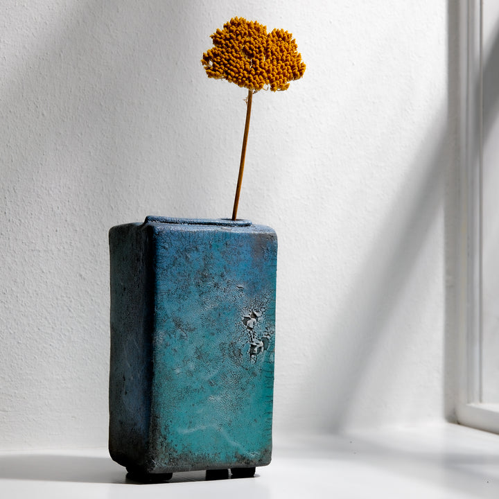 Gundula Sommerer, Raku Vase, eckig | türkis (GS169)
