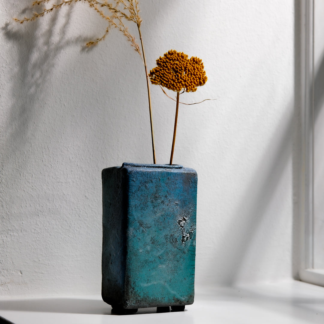 Gundula Sommerer, Raku Vase, eckig | türkis (GS169)