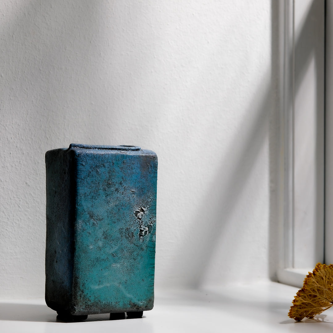 Gundula Sommerer, Raku Vase, eckig | türkis (GS169)