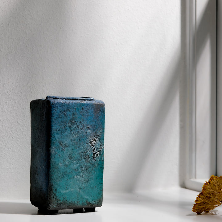 Gundula Sommerer, Raku Vase, eckig | türkis (GS169)