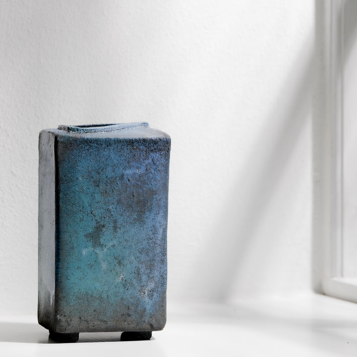 Gundula Sommerer, Raku Vase, eckig | türkis (GS169)