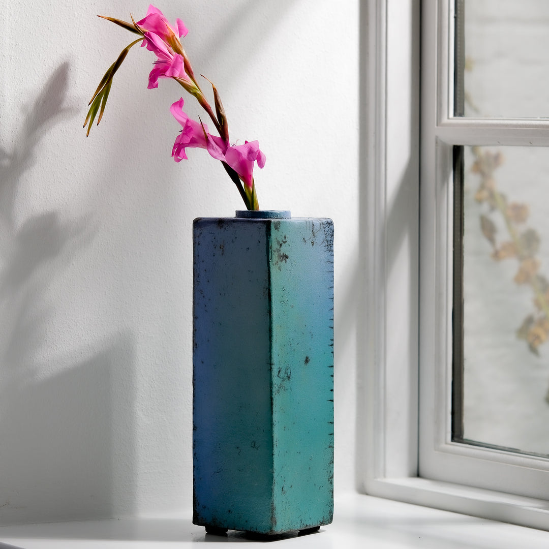 Gundula Sommerer, Raku Vase, eckig hoch | türkis (GS170)