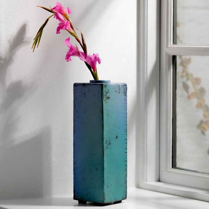 Gundula Sommerer, Raku Vase, eckig hoch | türkis (GS170)
