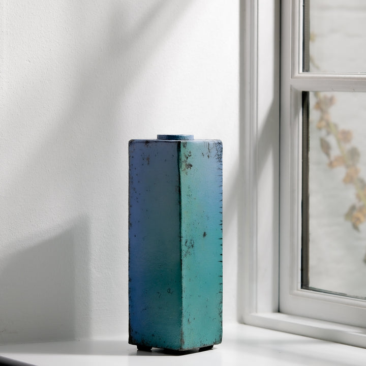 Gundula Sommerer, Raku Vase, eckig hoch | türkis (GS170)