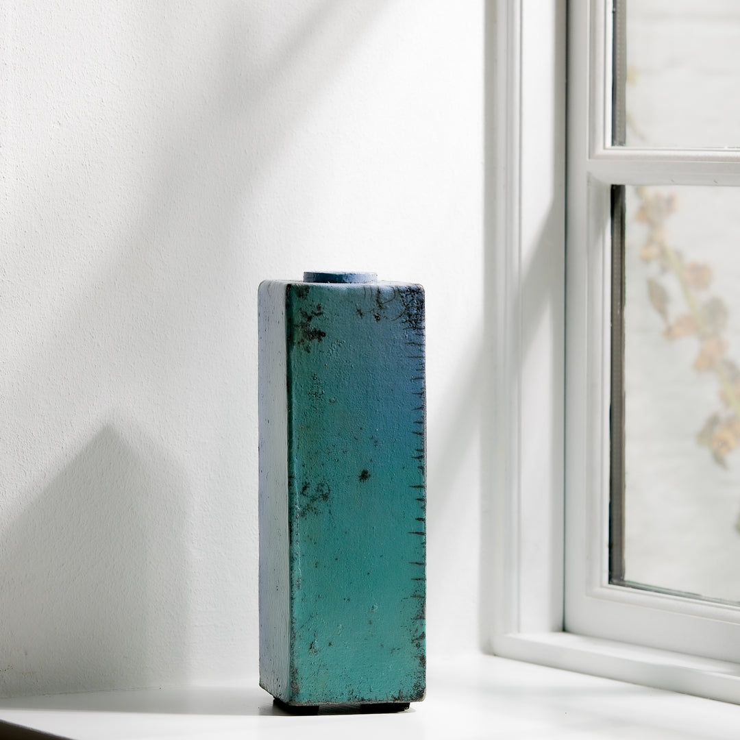 Gundula Sommerer, Raku Vase, eckig hoch | türkis (GS170)