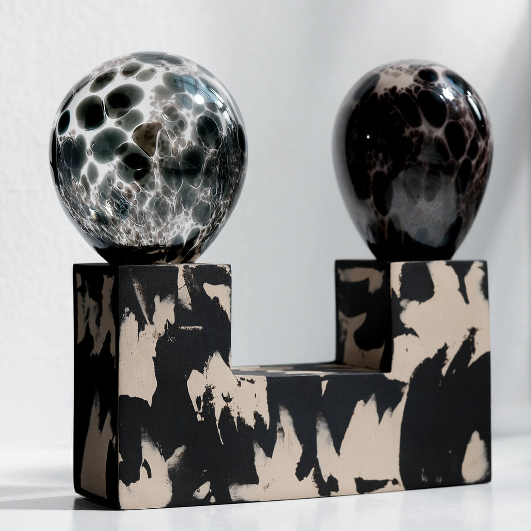 Masayoshi Oya, Vase, handgefertigt, Steinzeug und Glas, Unikat | schwarz und beige (MO01)