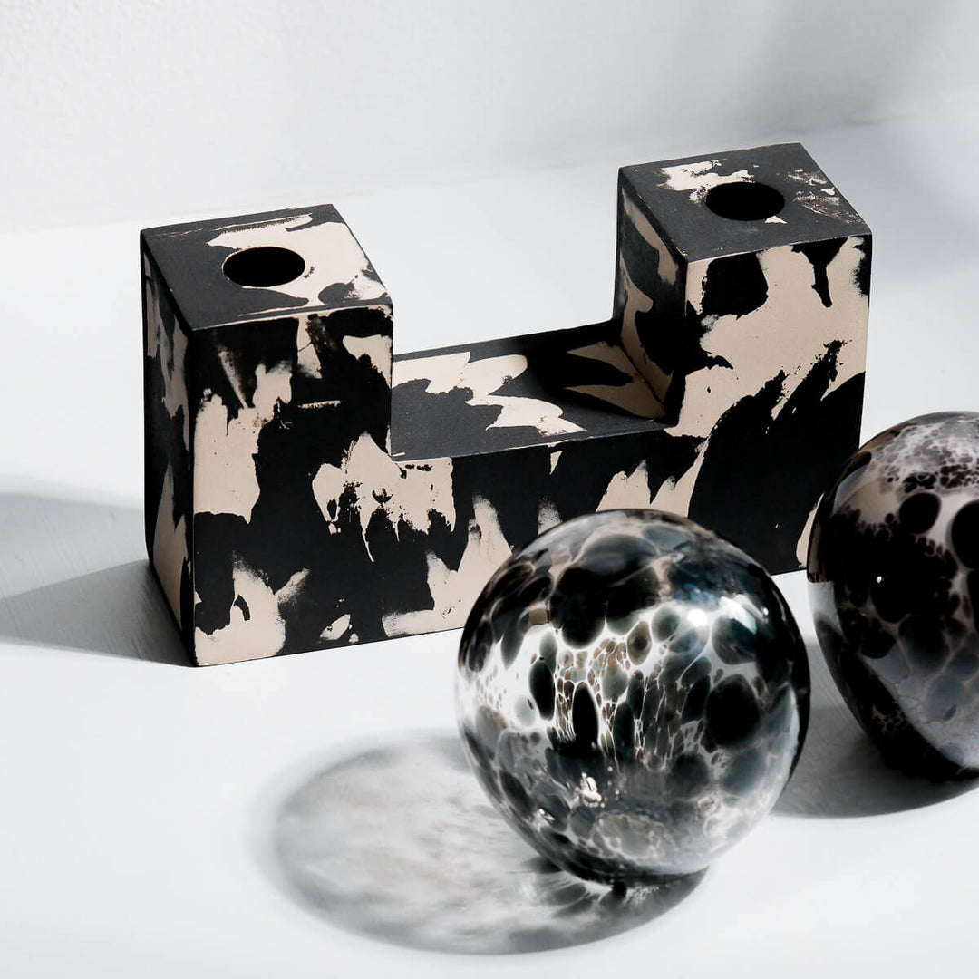 Masayoshi Oya, Vase, handgefertigt, Steinzeug und Glas, Unikat | schwarz und beige (MO01)
