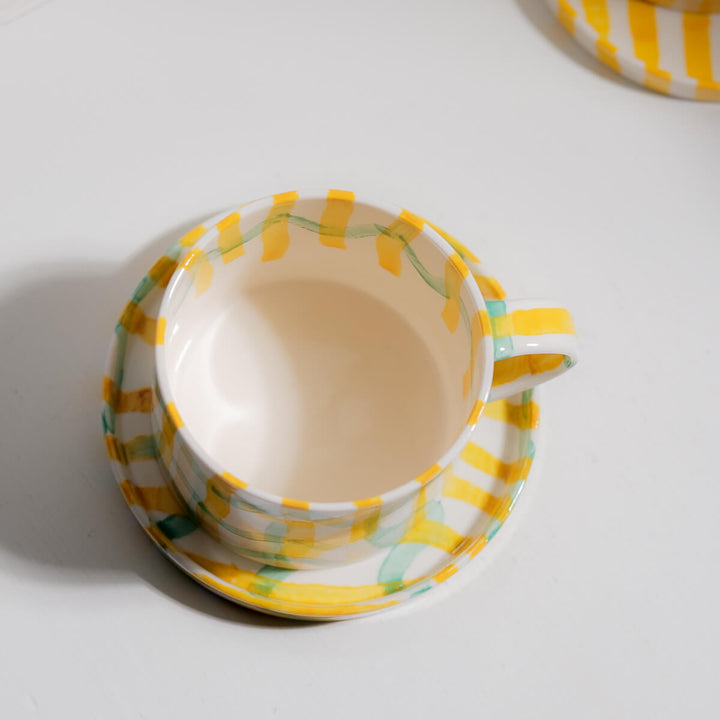 Masayoshi Oya, Tasse mit Untertasse, handgefertigt, Porzellan | gelb und grün (MO38)