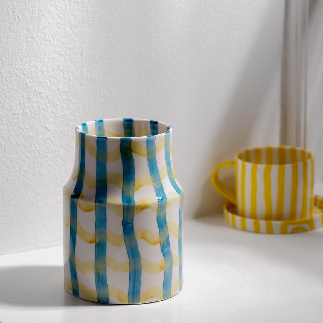 Masayoshi Oya, Vase, handgefertigt, Porzellan | blau gelb (MO15)