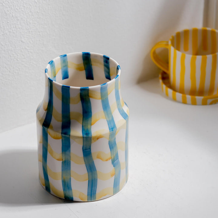 Masayoshi Oya, Vase, handgefertigt, Porzellan | blau gelb (MO15)