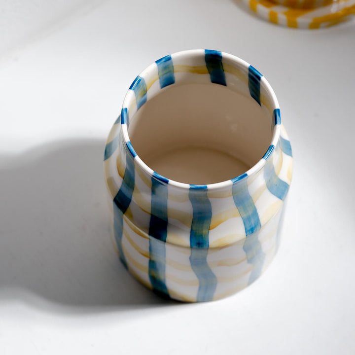 Masayoshi Oya, Vase, handgefertigt, Porzellan | blau gelb (MO15)