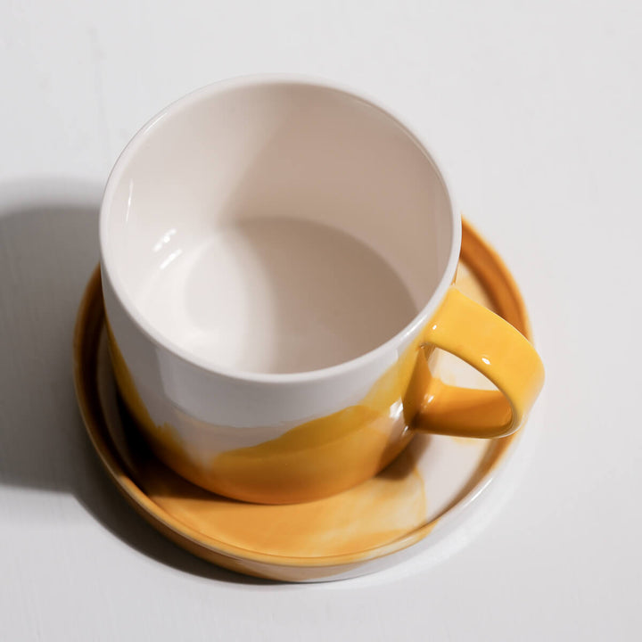 Masayoshi Oya, Tasse mit Untertasse, handgefertigt, Porzellan | gelb (MO43)