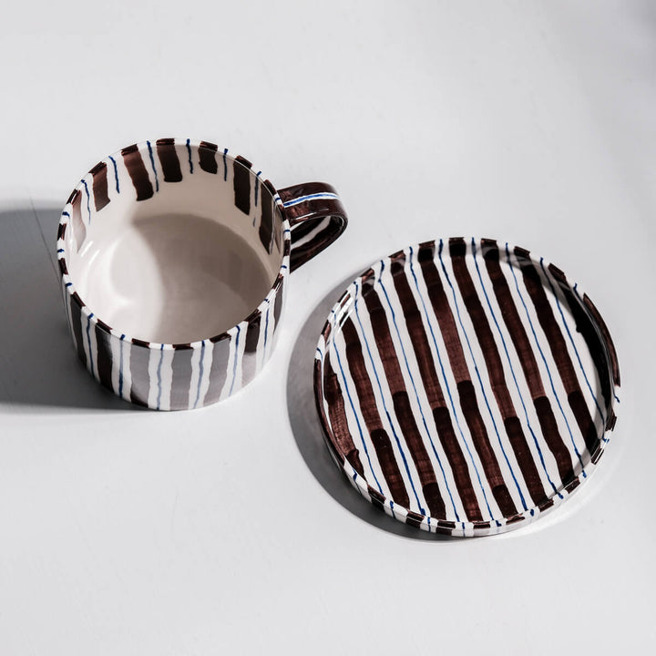 Masayoshi Oya, Tasse mit Untertasse, handgefertigt, Porzellan | braun und blau (MO33)