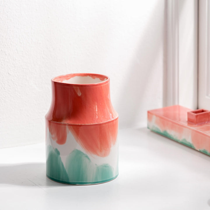 Masayoshi Oya, Vase, handgefertigt, Porzellan | orange grün (MO14)