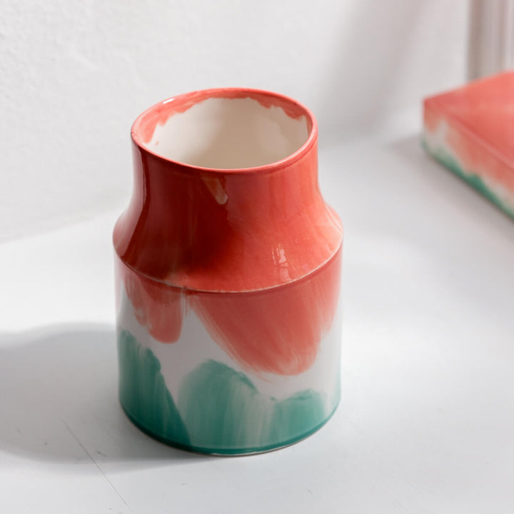 Masayoshi Oya, Vase, handgefertigt, Porzellan | orange grün (MO14)